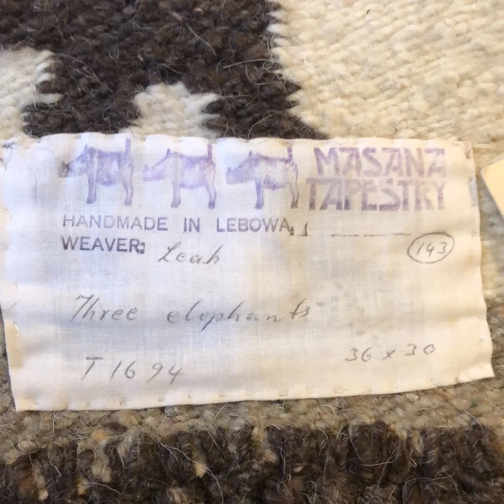 VINTAGE MASANA TAPESTRY THREE ELEPHANTS LEBOWA SOUTH AFRICA SIGNED BY THE ARTIST